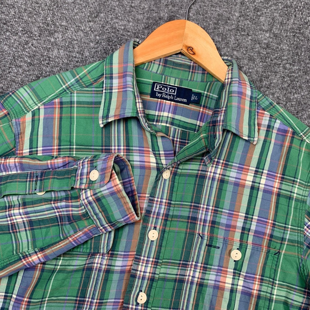 Vintage Polo Ralph Lauren Shirt Men Large Loop Collar Green Plaid 90s Y2K